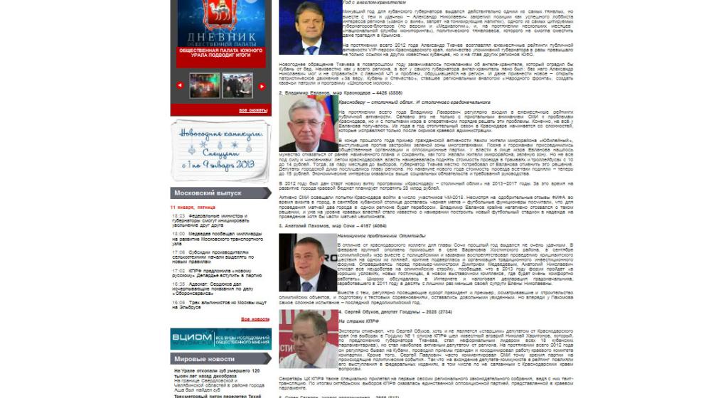 «ФедералПресс.Юг»: Депутат-коммунист С.П.Обухов в рейтинге публичной активности VIP-персон Краснодарского края в 2012 году уступил только губернатору и мэрам Краснодара и Сочи
