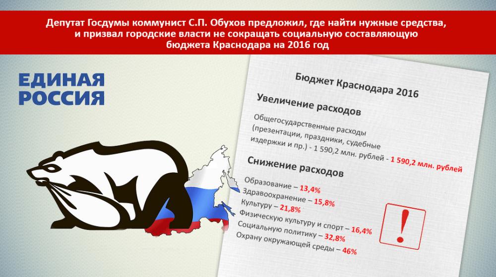 Депутат Госдумы коммунист С.П. Обухов предложил, где найти нужные средства, и призвал городские власти не сокращать социальную составляющую бюджета Краснодара на 2016 год