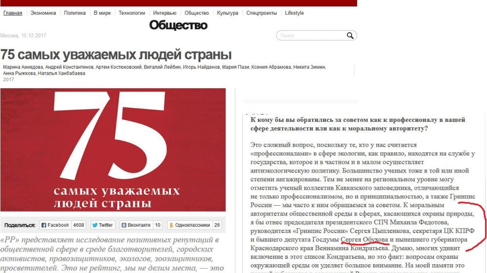 «Русский репортер» назвал Сергея Обухова в исследовании позитивных репутаций в общественной сфере — «75 самых уважаемых людей страны»