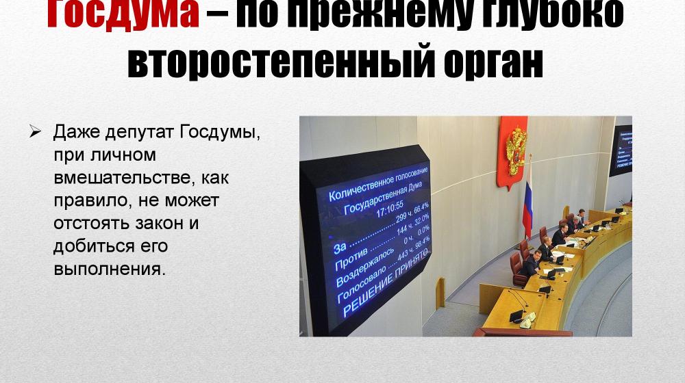 «К показу запрещено!» В Думе испугались презентации о проблемах законности