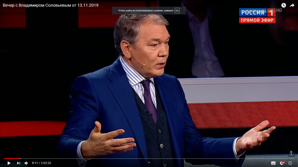Леонид Калашников 13 ноября выступил в программе «Вечер с Владимиром Соловьевым» на телеканале Россия 1