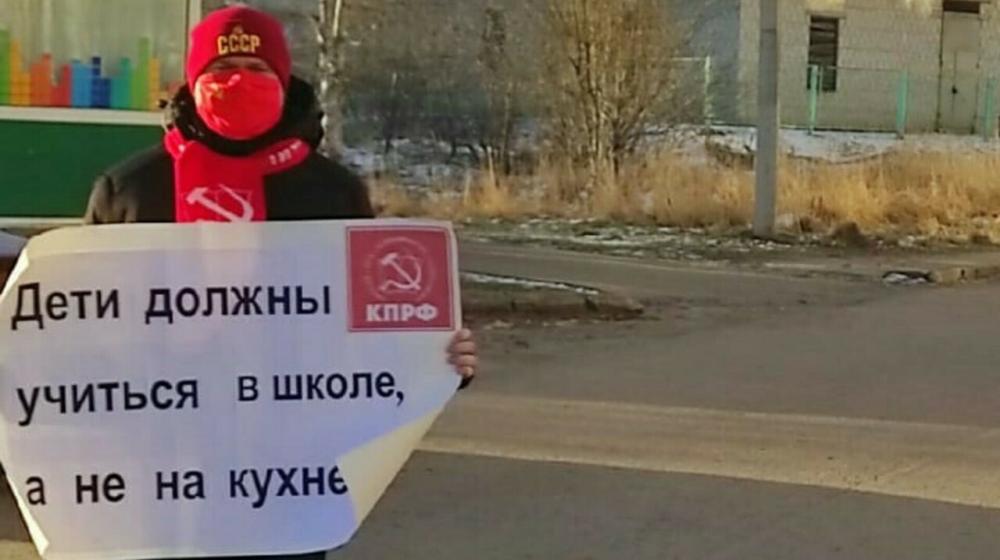 На  Валдае и в Сольцах Новгородской области прошли одиночные пикеты под лозунгами "Дети должны учиться в школе, а не на кухне"