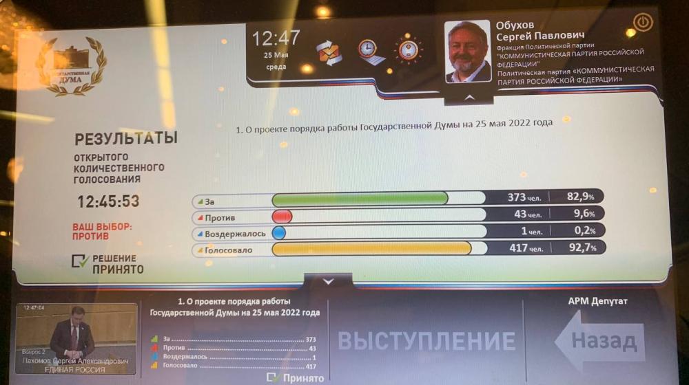 Сергей Обухов: Фракции КПРФ не удалось заблокировать рассмотрение Думой вопроса о депутатских полномочиях В.Ф. Рашкина