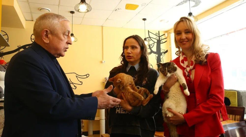 Москва, котокафе "Мурчашка": Николай Харитонов и депутаты МГД от КПРФ Енгалычева и Янчук продвигают зоозащитную проблематику
