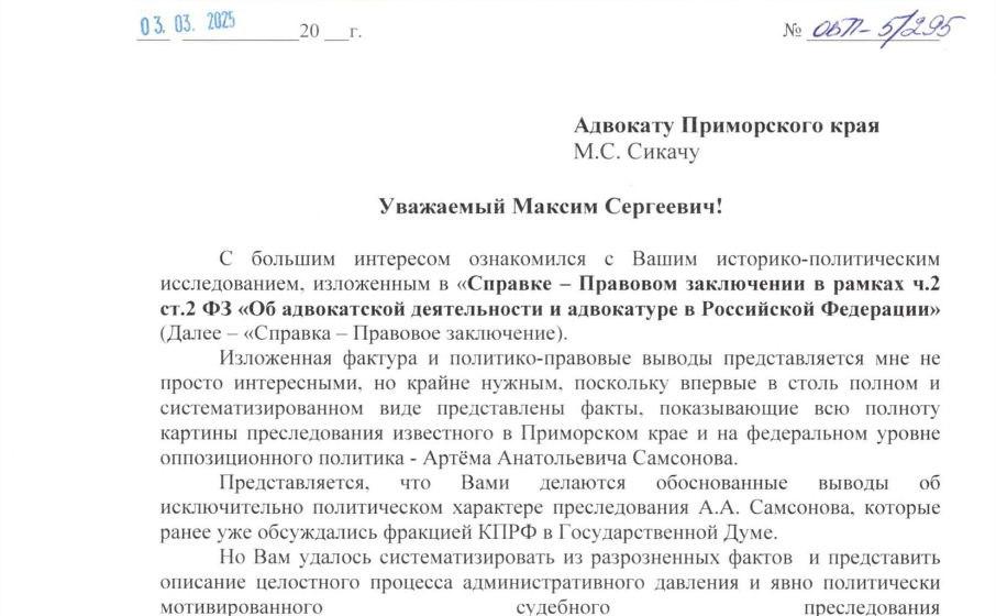 Эксперты обратили внимание на политический характер преследования экс-депутата Приморского Заксобрания Артёма Самсонова