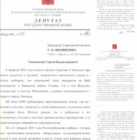 О.Н. Алимова: «С февраля 2025 года жители Саратова и Энгельса массово жалуются на неприятный химический запах в воздухе»