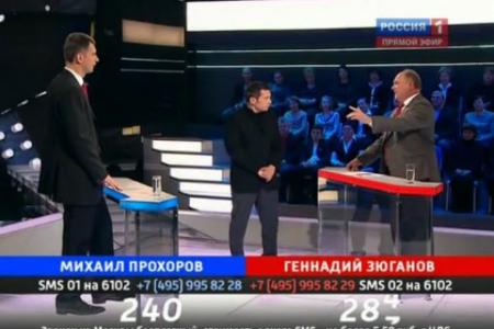 В программе «Поединок» Г.А. Зюганов одержал победу над Прохоровым. Счет, в целом, по РФ: лидер КПРФ – 176848, оппонент – 170706 голосов