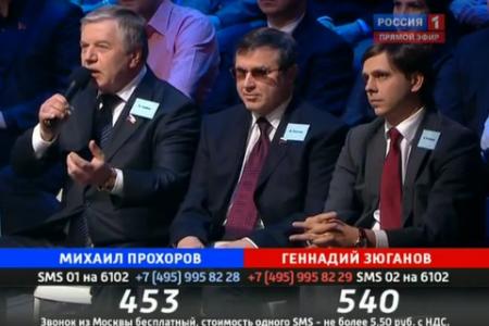 В программе «Поединок» Г.А. Зюганов одержал победу над Прохоровым. Счет, в целом, по РФ: лидер КПРФ – 176848, оппонент – 170706 голосов