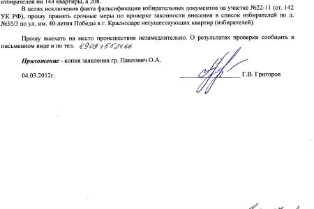 Город Краснодар. Информация о нарушения на президентских выборах