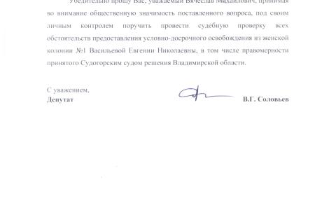 В.Г. Соловьев потребовал проведения проверки всех обстоятельств предоставления условно-досрочного освобождения из женской колонии фигурантке дела об «Оборонсервисе» Е.В. Васильевой 