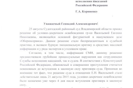 В.Г. Соловьев потребовал проведения проверки всех обстоятельств предоставления условно-досрочного освобождения из женской колонии фигурантке дела об «Оборонсервисе» Е.В. Васильевой 