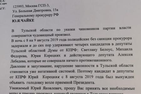 Кандидат в депутаты Тульской облдумы от КПРФ Юрий Корецких объявил сухую голодовку