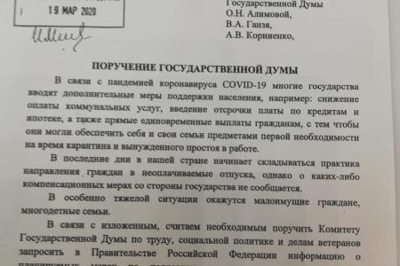Госдума приняла протокольное поручение фракции КПРФ по поддержке населения в период пандемии коронавируса
