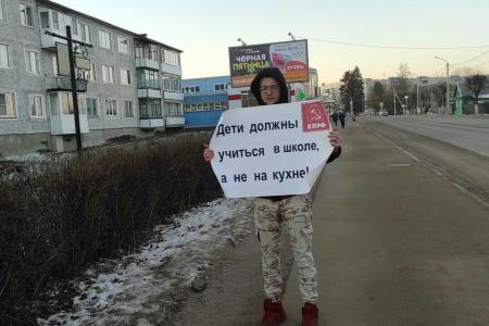На  Валдае и в Сольцах Новгородской области прошли одиночные пикеты под лозунгами "Дети должны учиться в школе, а не на кухне"