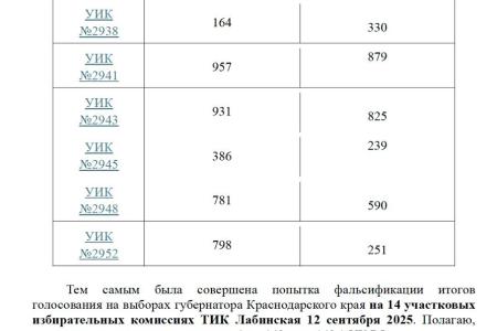 Выборы на Кубани. Зафиксированы расхождения между данными системы ГАС Выборы и цифрами в выданных в УИК актах