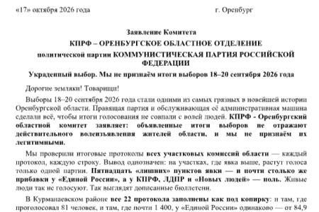 Пленум Оренбургского обкома КПРФ не признал итоги минувших выборов